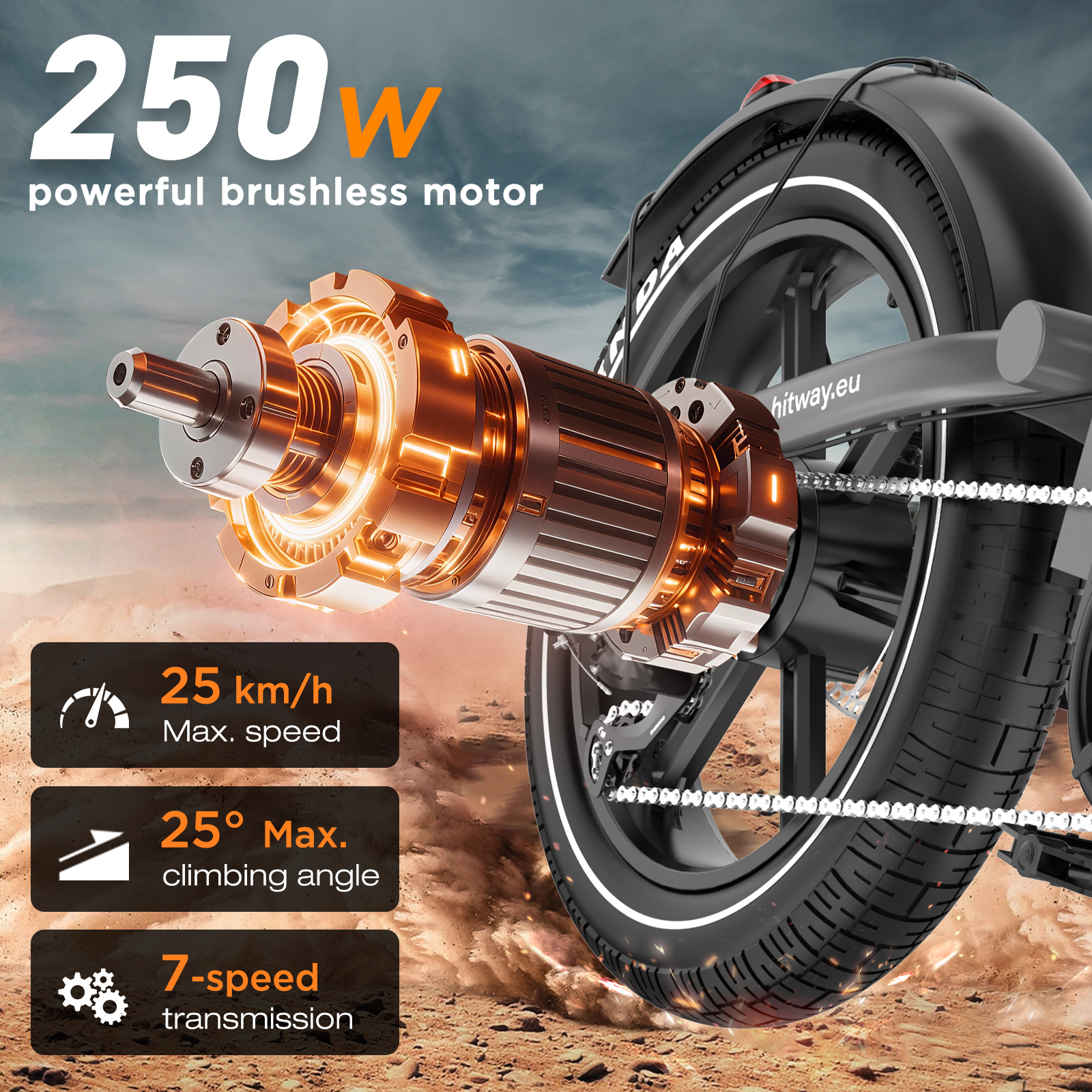 Close-up van een e-bike motor met specificaties: 250W, 25 km/h, 25° klim, 7 versnellingen.