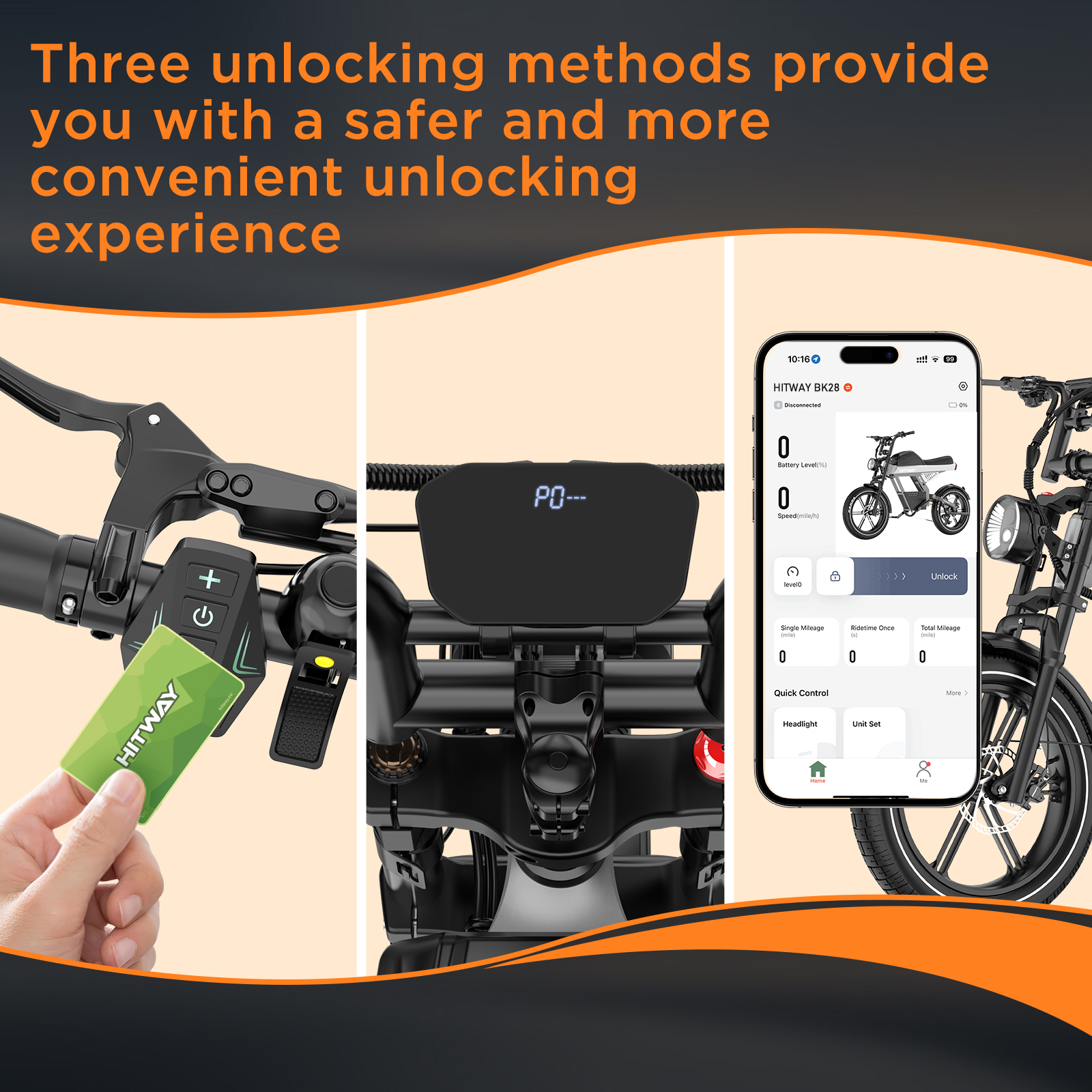 Close-up van een e-bike met telefoon-app en een hand die een kaart vasthoudt.