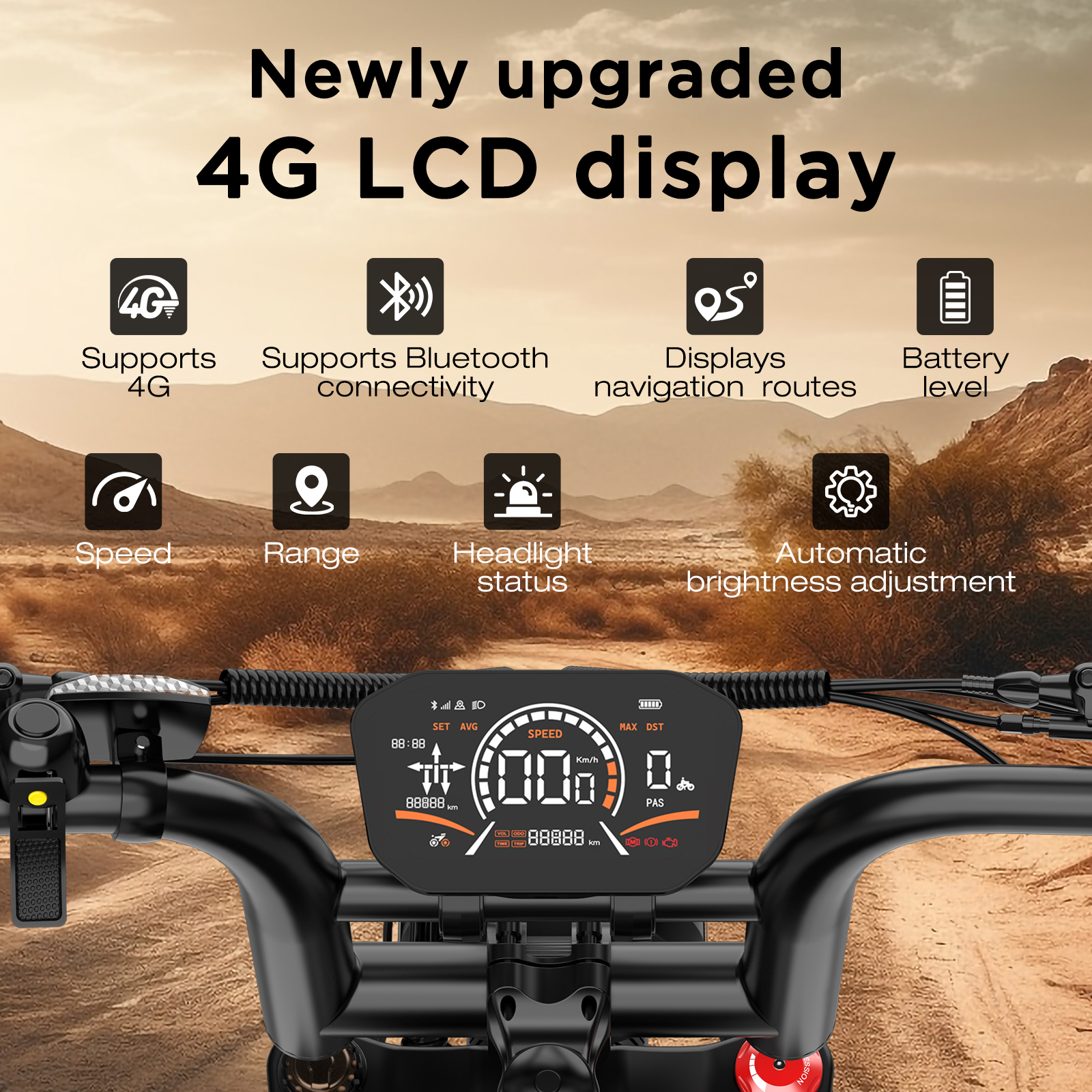 E-bike display met 4G, Bluetooth, navigatie en batterijniveau.