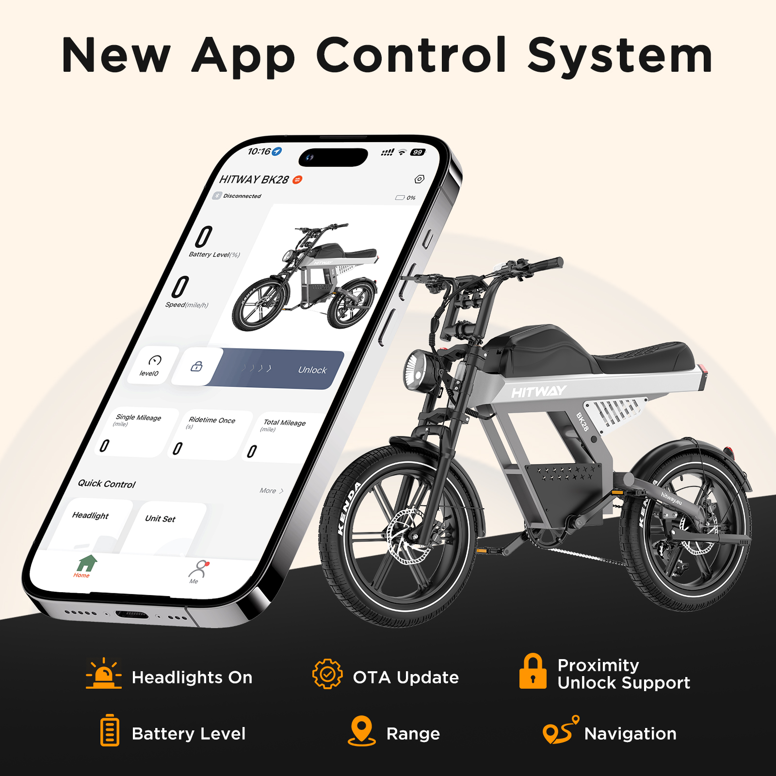 Telefoon toont app elektrische fiets. Grijze e-bike naast telefoon. Functies hieronder vermeld.