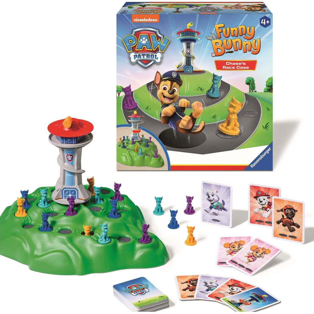 Gioco Paw Patrol Funny Bunny con Chase e molte figure su una collina verde.