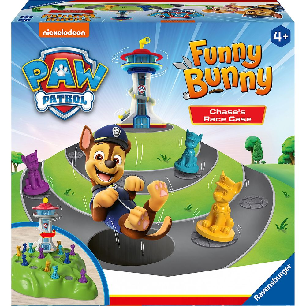 Gioco Paw Patrol: Chase siede su una pista da corsa con pezzi colorati.