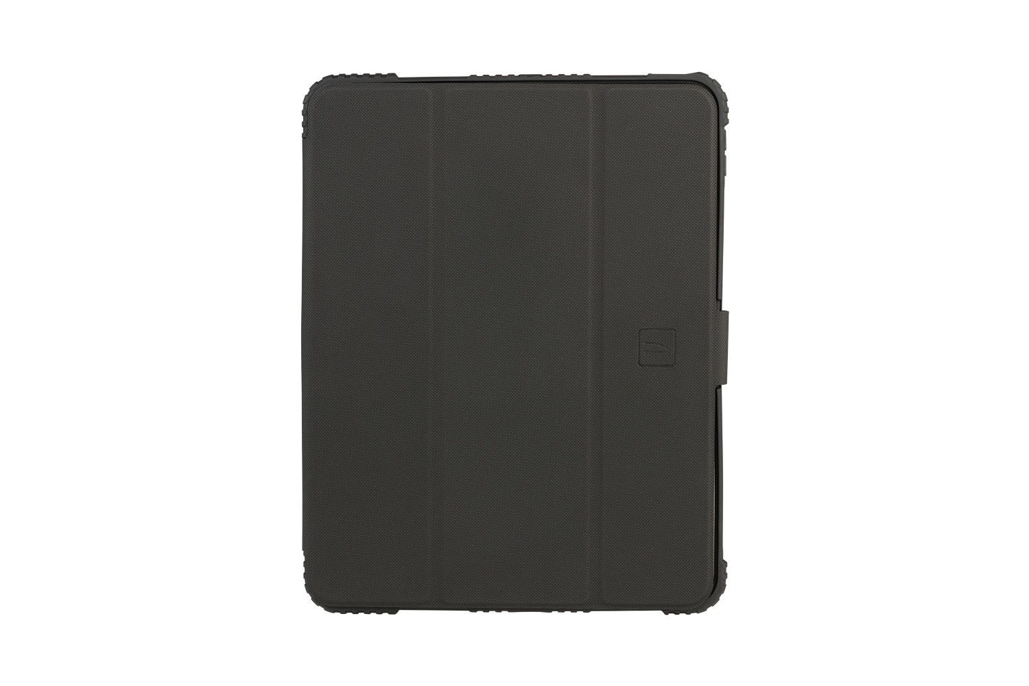 Ein dunkler Tablet-Schutz mit umlaufender Naht und Logo.