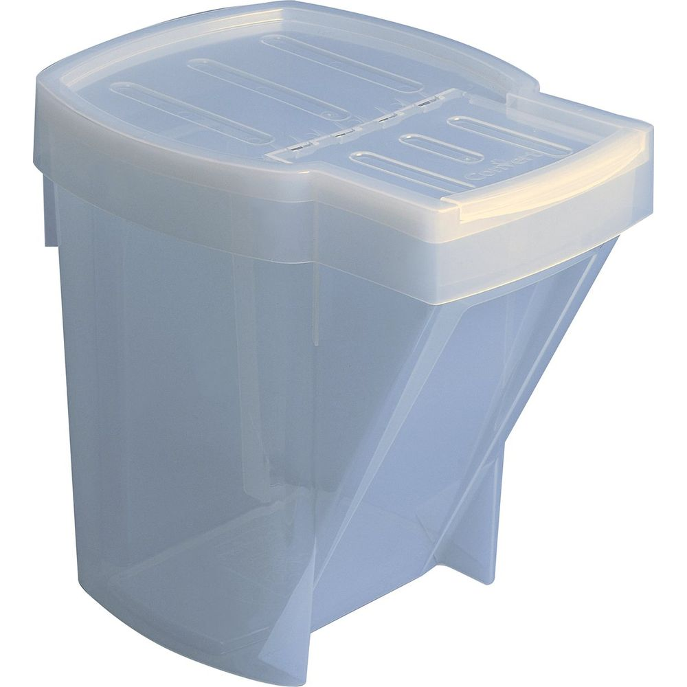 Un récipient en plastique transparent avec un couvercle blanc et des rainures.