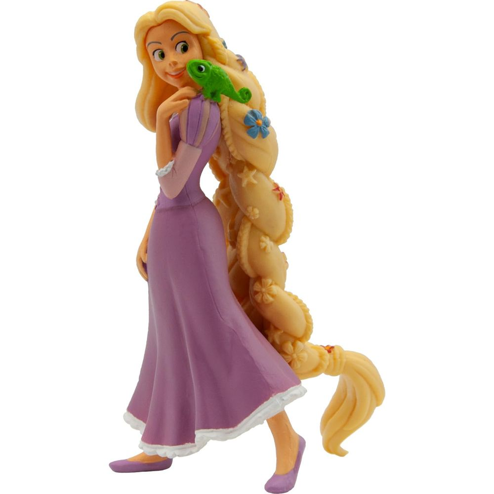 Rapunzel mit einem grünen Chamäleon auf ihrem langen blonden Haar, lila Kleid.