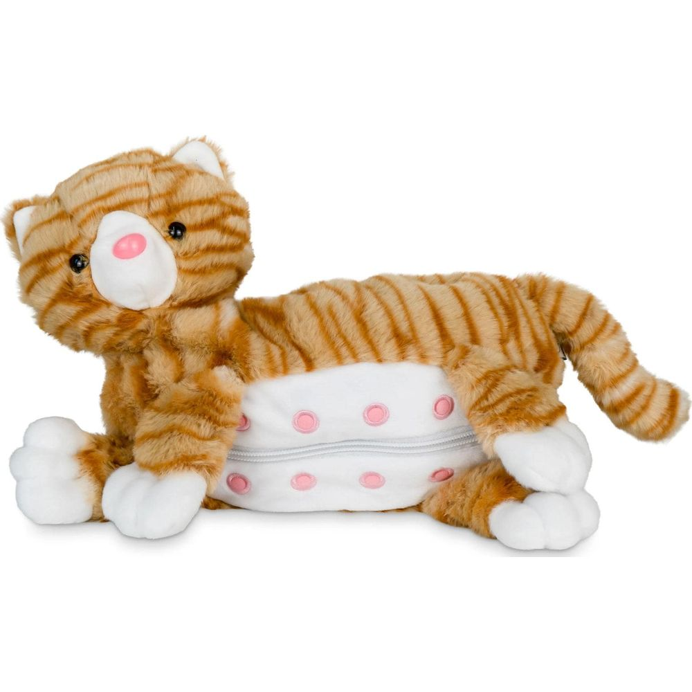 Un chaton en peluche tigré orange avec pois roses et fermeture éclair sur le ventre.
