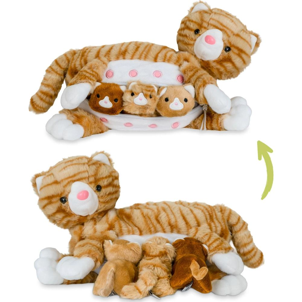 Image du haut: Chat en peluche avec bébés dans une poche ventrale. Image du bas: Chat avec bébés devant.
