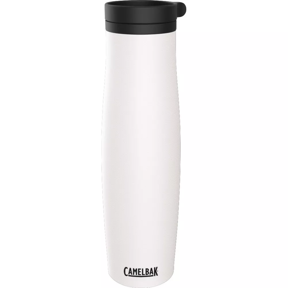 Weiße Thermoskanne mit schwarzem Deckel und Camelbak-Logo.