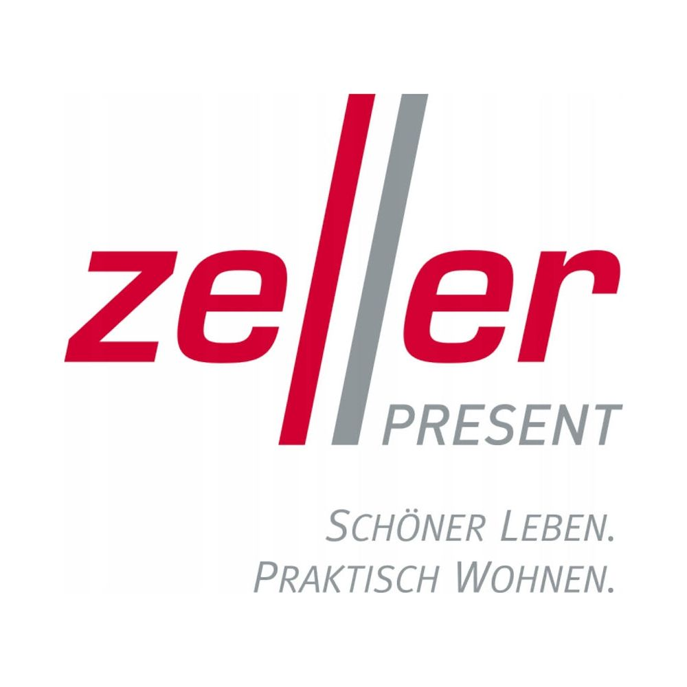 Logo con testo rosso 'zeller' e linee grigie, sotto 'PRESENT'.