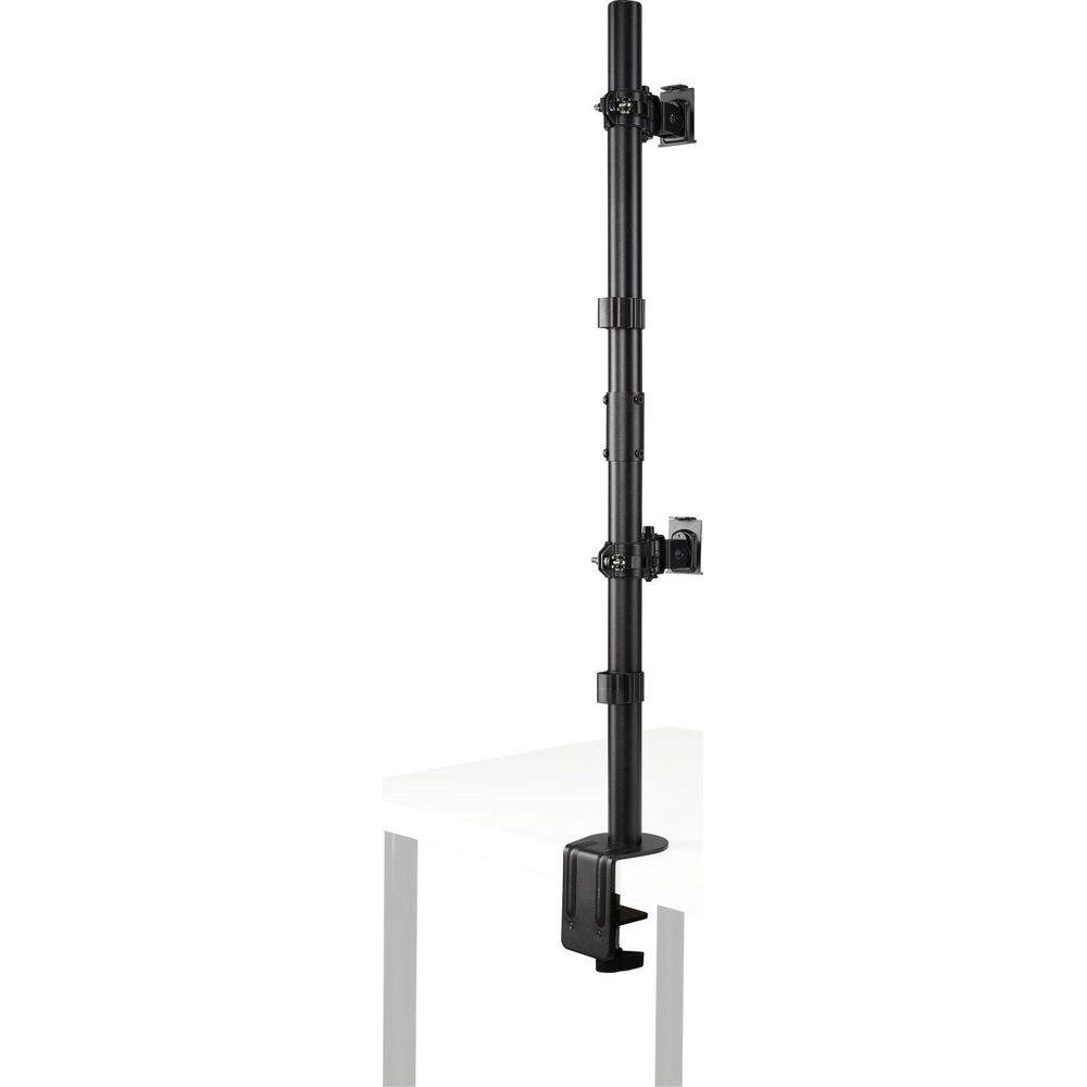 A black monitor arm with a clamp attached to a white desk.