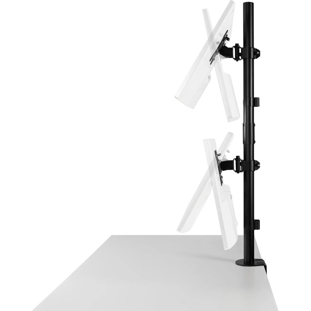 Black dual monitor stand on a desk holding two white monitors.