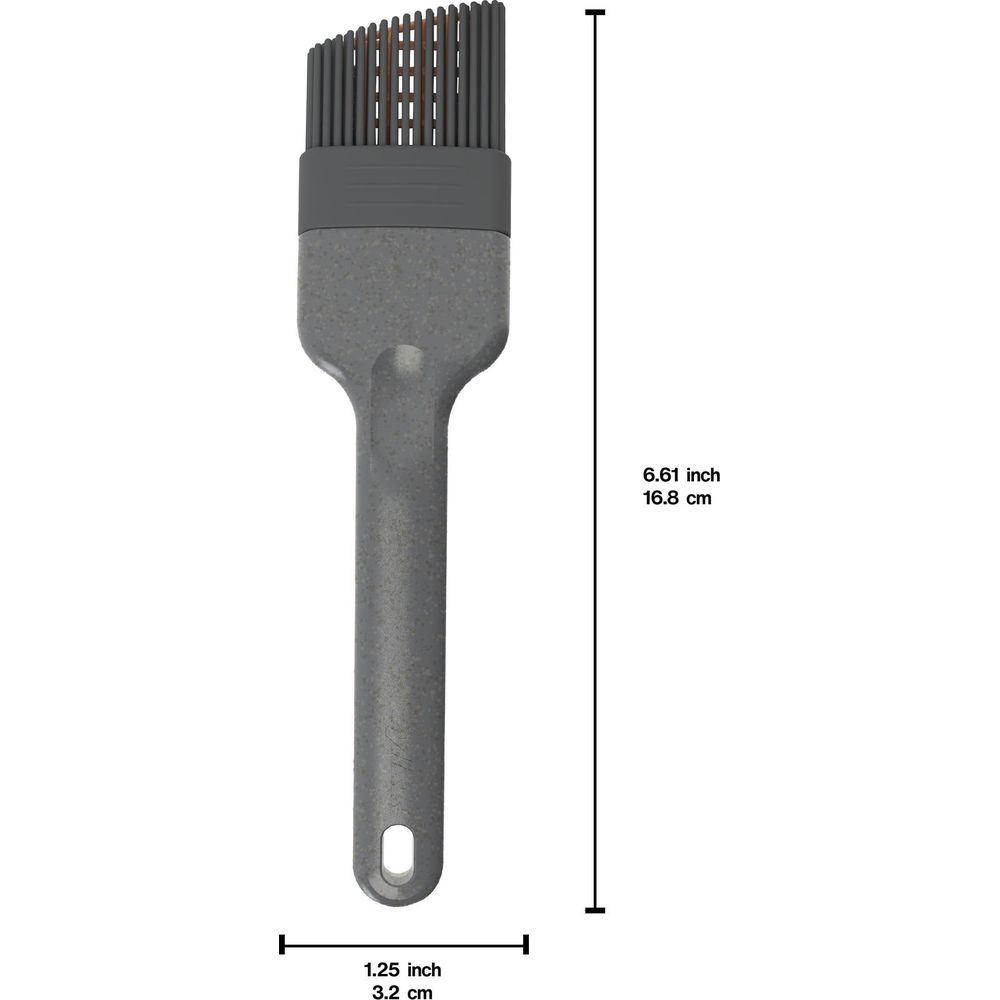 Pennello in silicone grigio con manico e foro per appendere. Dimensioni indicate.