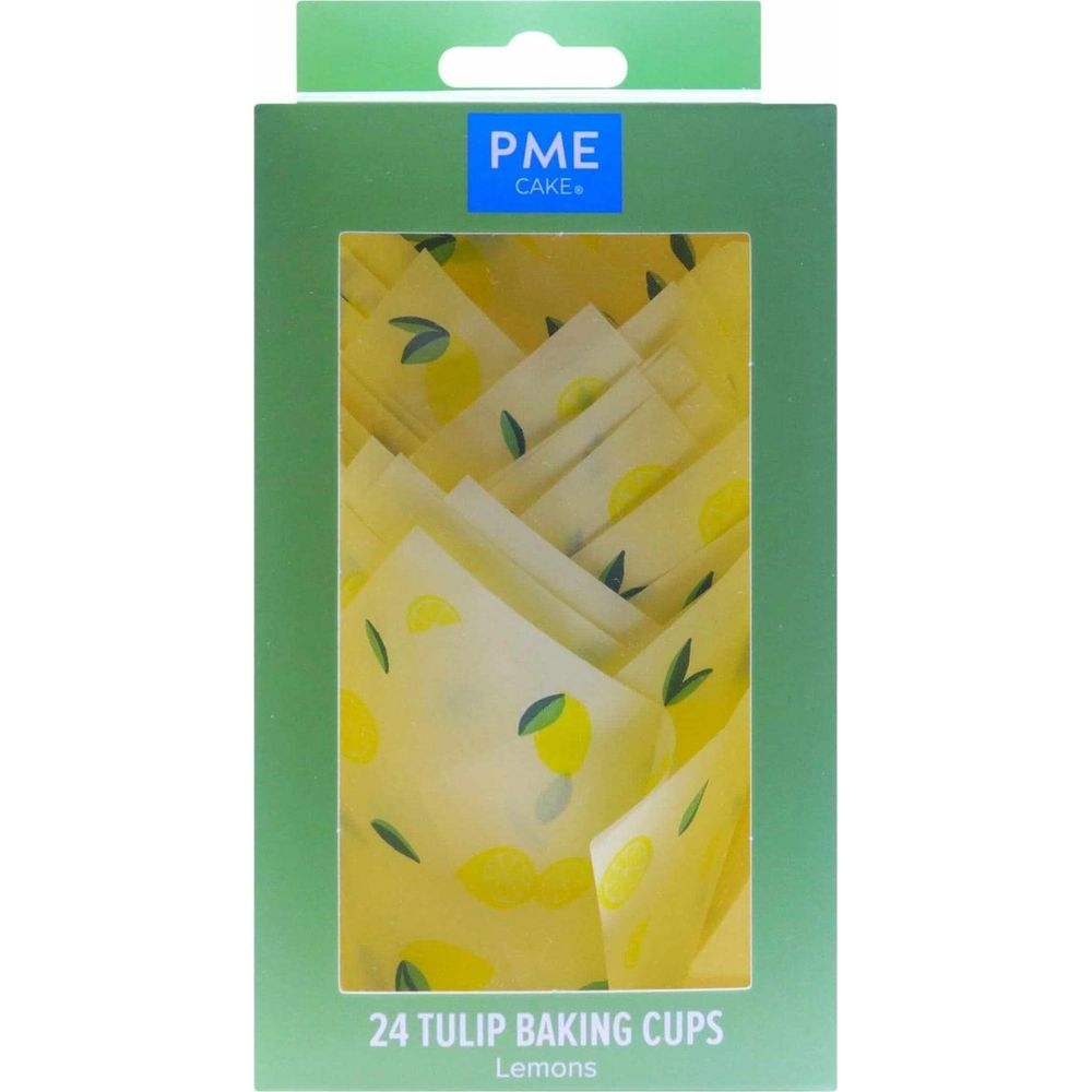 Verpackung mit 24 tulpenförmigen Backförmchen mit Zitronenmuster.