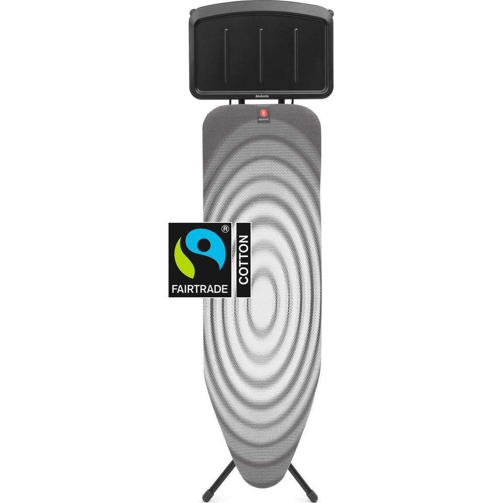 Bügeleisenablage mit Bügelbrett, grau mit Kreismuster, Fairtrade-Logo.