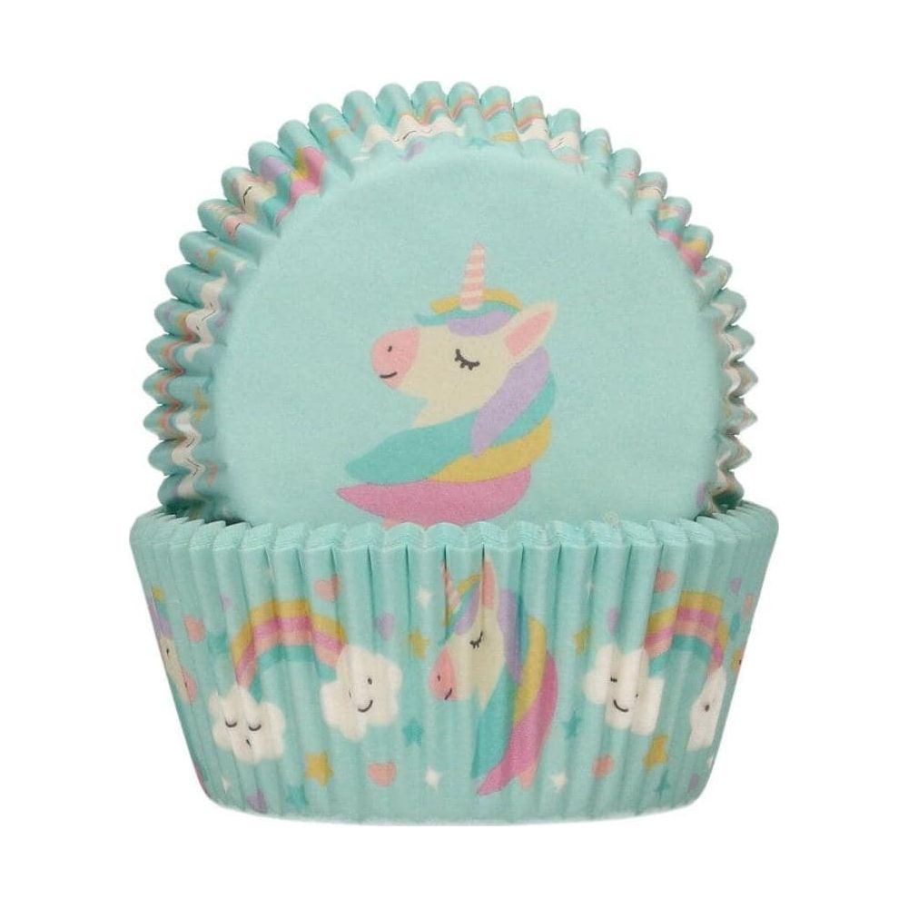 Hellblaue Muffinförmchen mit Einhorn- und Regenbogenmotiven.