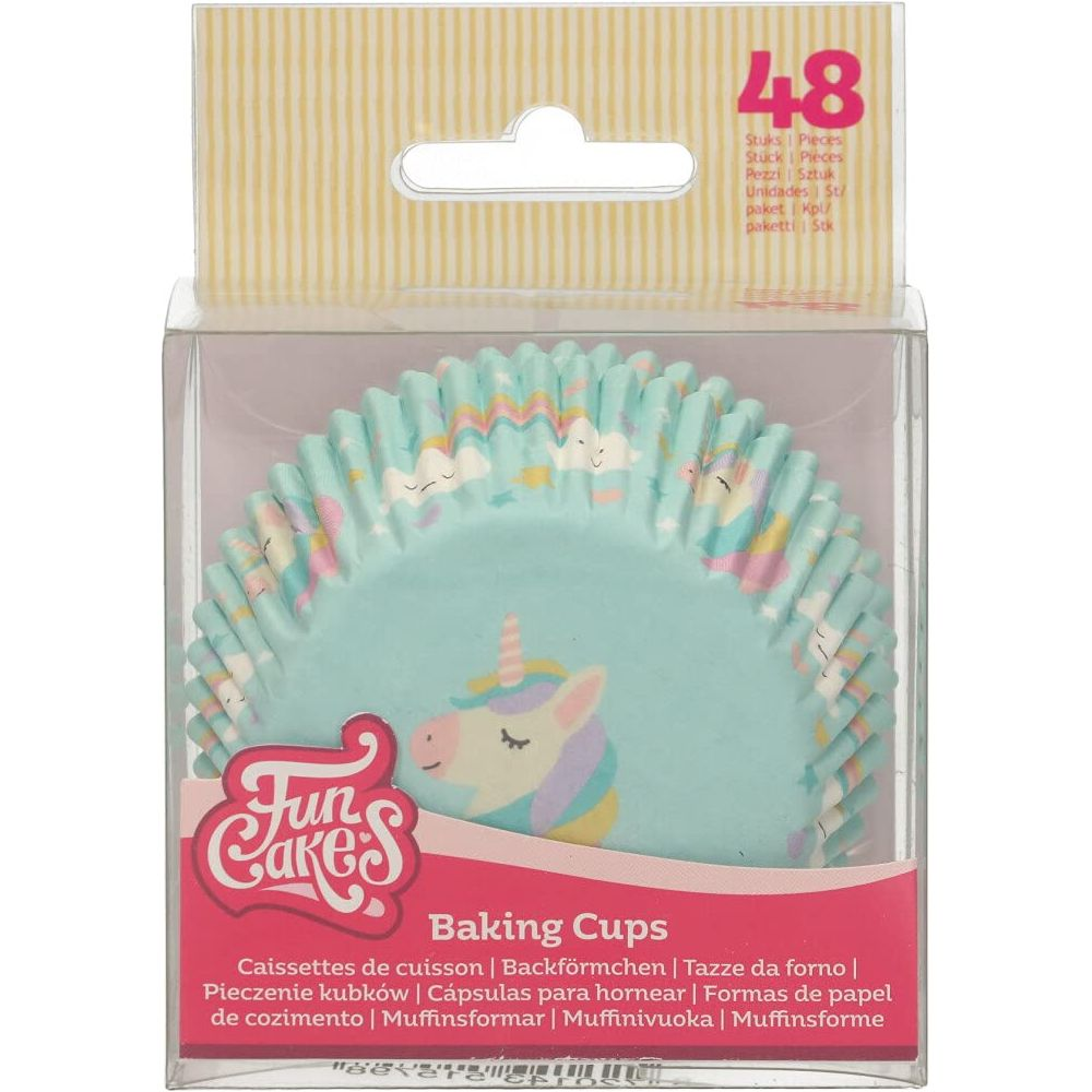 Packung mit 48 blauen Backförmchen mit Einhorn- und Regenbogenmuster.