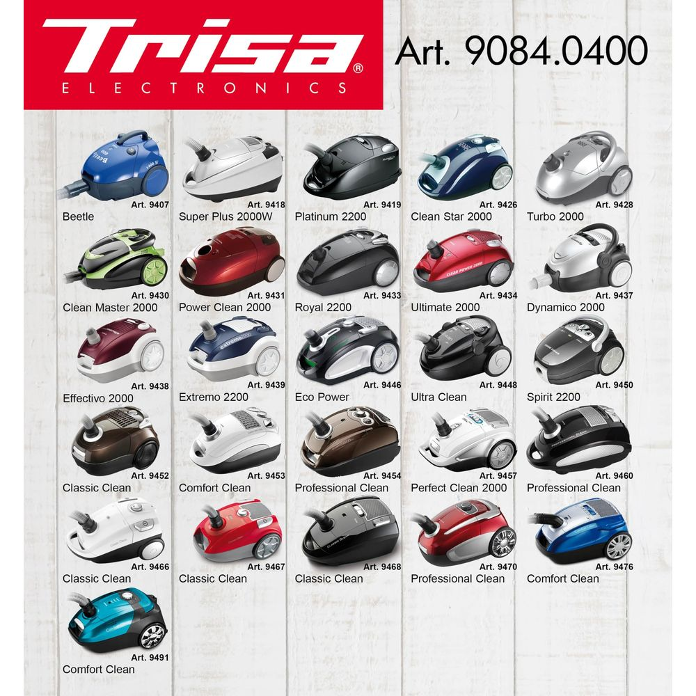 Trisa Electronics Katalog mit verschiedenen Staubsaugern in Farben und Modellen.