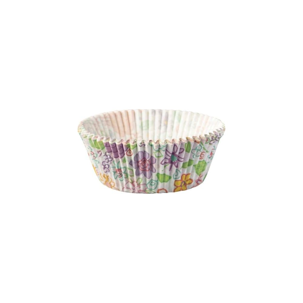 Ein bunter Cupcake-Förmchen mit Blumenmuster.