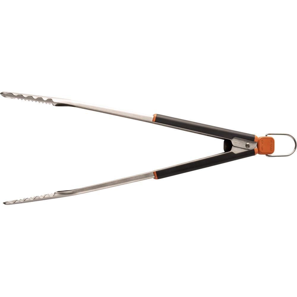 Pinze da grill con punte seghettate e manici neri con accenti arancioni.
