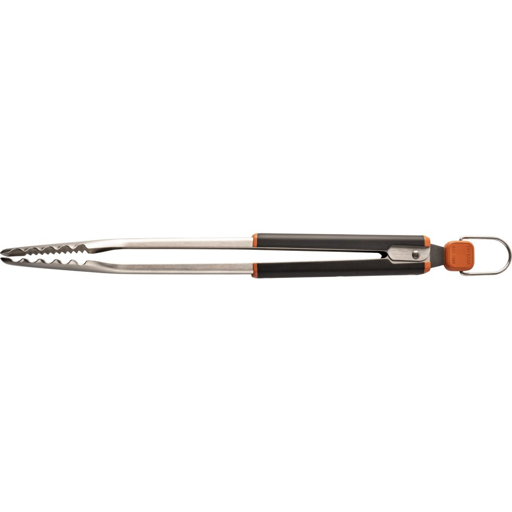 Pinze da grill in metallo con manici neri e anello appeso arancione.