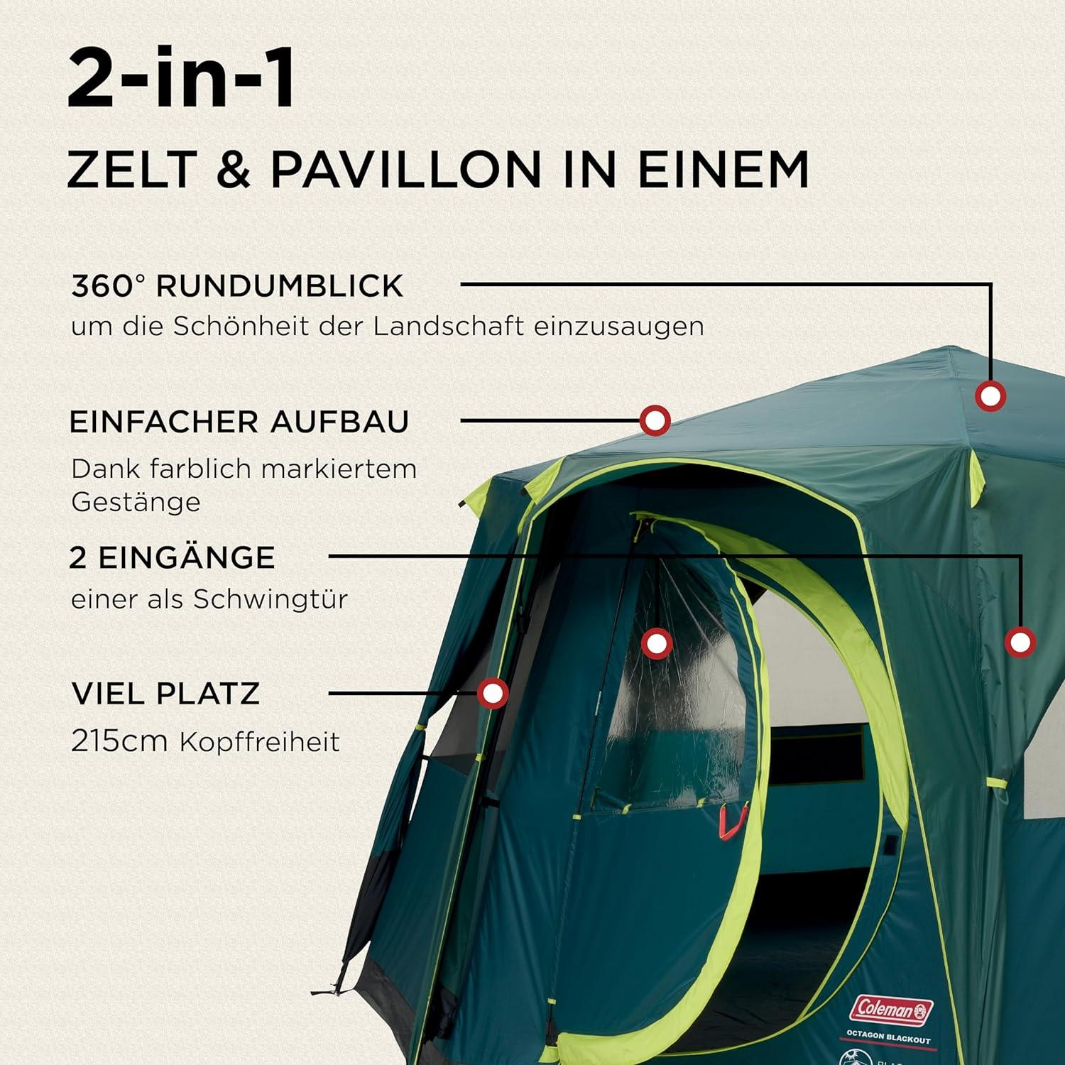 Ein grünes Zelt mit gelben Akzenten, das als Zelt und Pavillon dient.