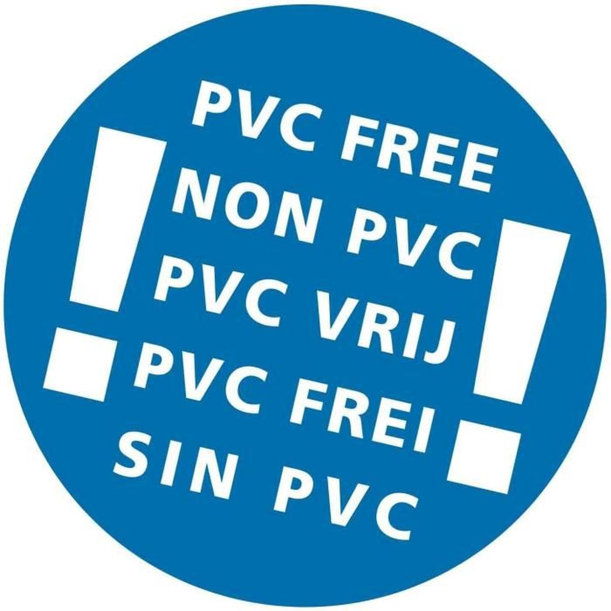 Blauer Kreis mit weißen Ausrufezeichen und Texten wie PVC FREI.