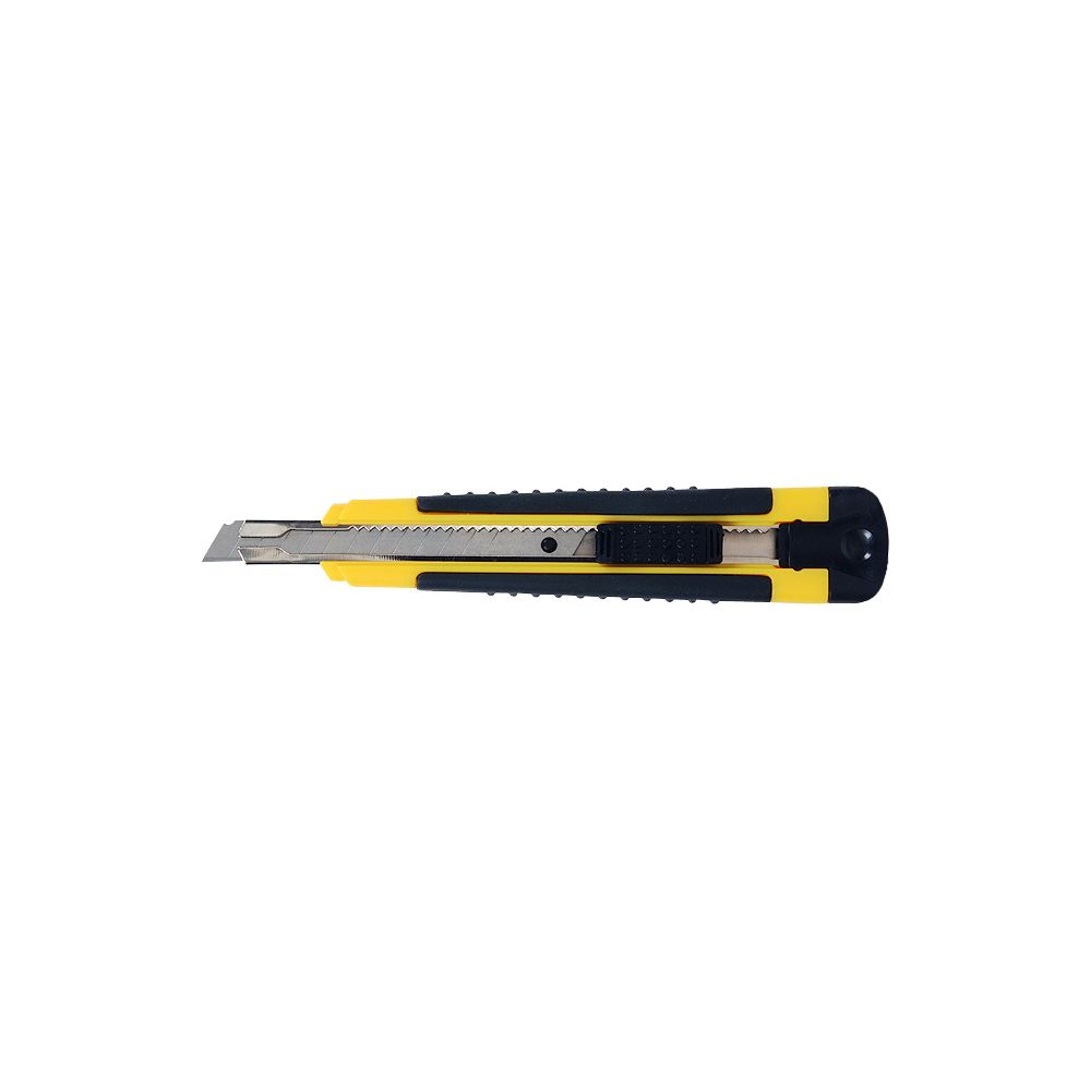 Ein gelber Cutter mit schwarzem Griff und gezackter Klinge.