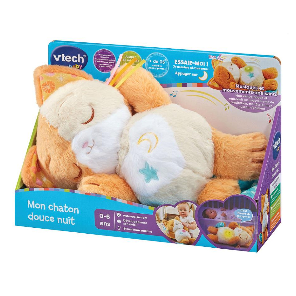 Ein VTech Baby Plüschkatzen-Spielzeug in Verpackung, mit Mond- und Sternendetails.