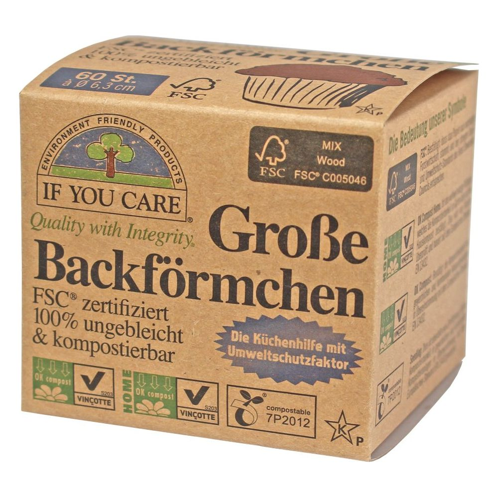 Verpackung für Backförmchen, FSC-zertifiziert, kompostierbar, mit Siegeln.