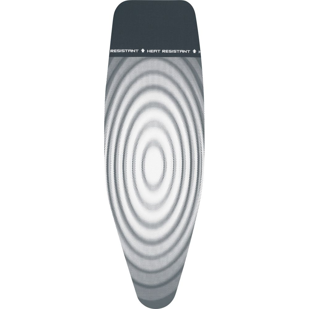 Housse de planche à repasser grise avec cercles concentriques et texte.