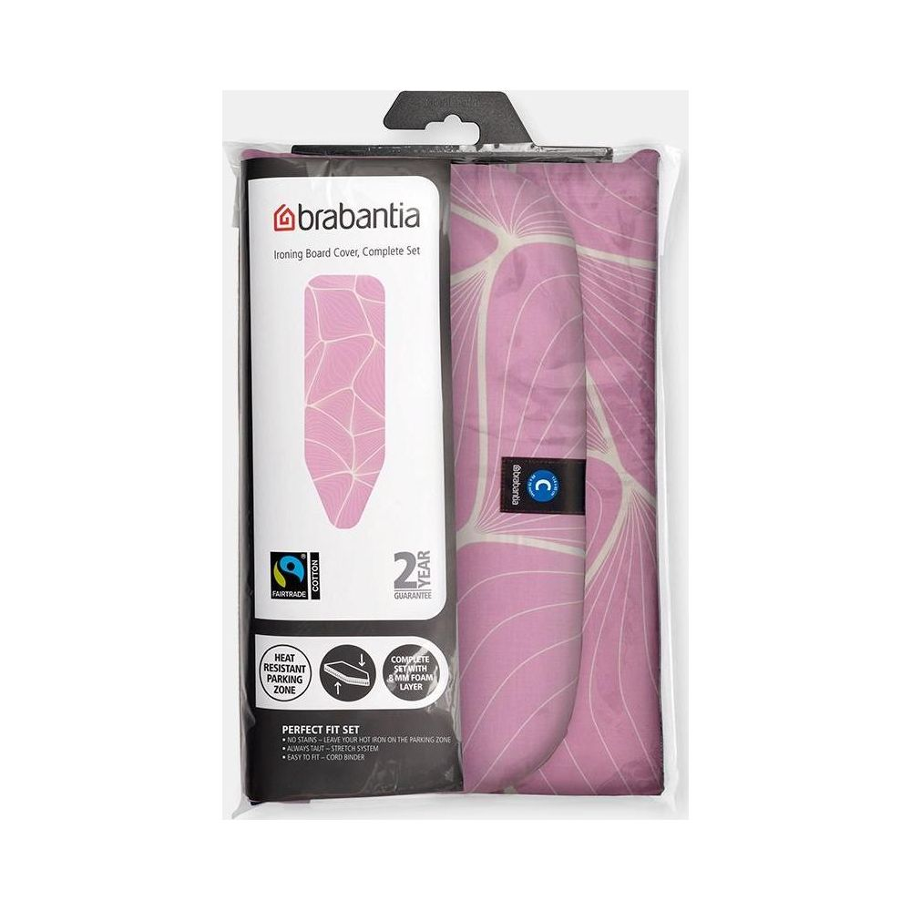 Ensemble de housse de planche à repasser Brabantia avec motif géométrique rose, coton Fairtrade.