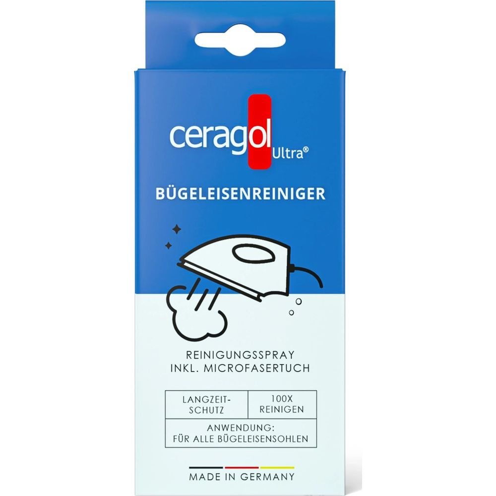 Emballage Ceragol Ultra nettoyant fer à repasser avec symbole fer et chiffon microfibre.