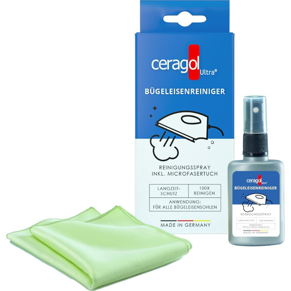 Nettoyant pour fer à repasser Ceragol avec chiffon microfibre. Pour toutes semelles.