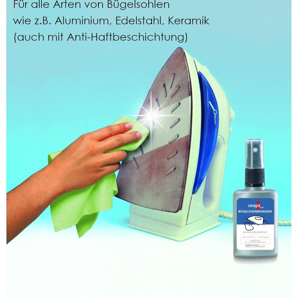 Une main nettoie la semelle d'un fer à repasser avec un chiffon vert. Un spray nettoyant est à côté.