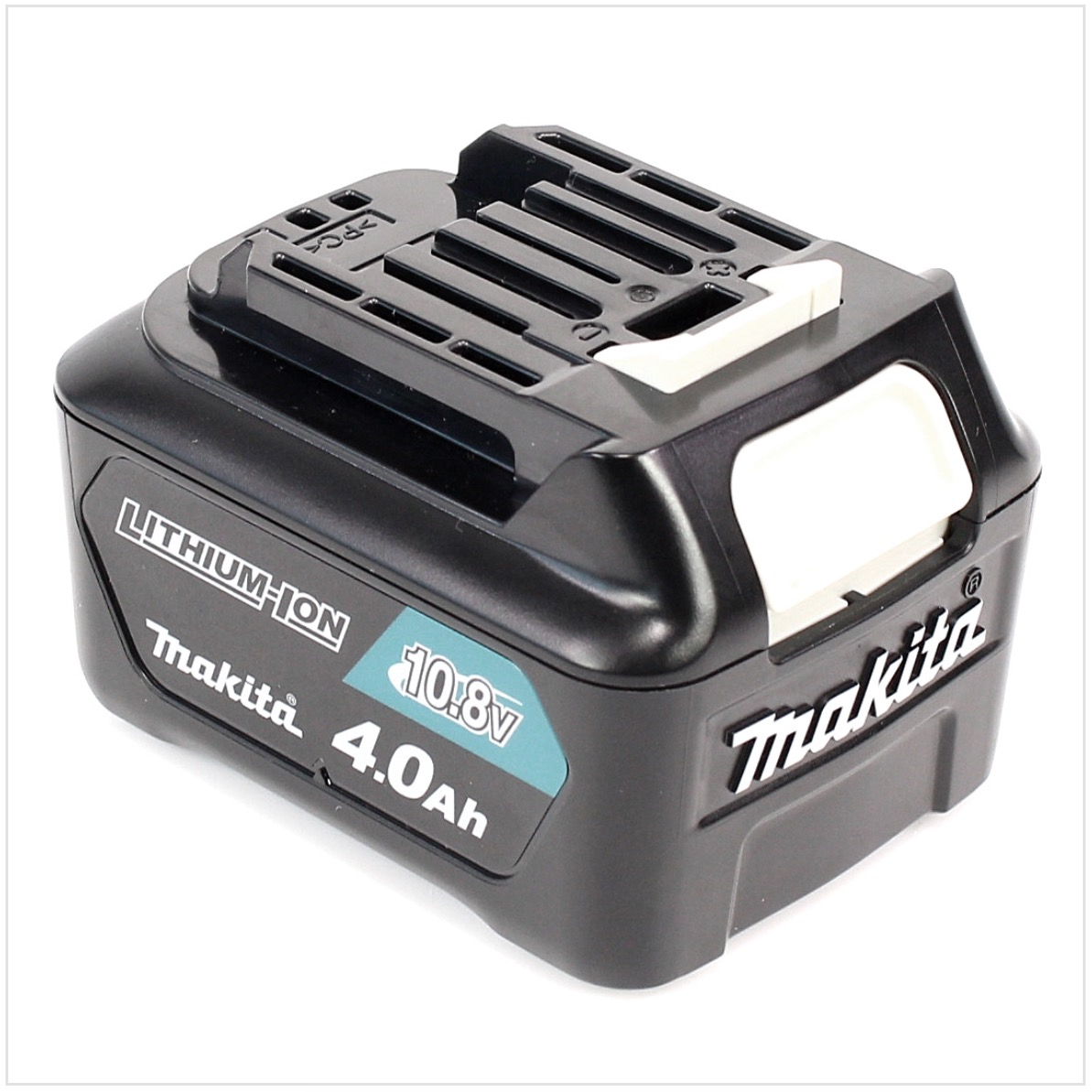 Schwarzer Makita Lithium-Ionen Akku, 10,8V, 4,0Ah, mit weißem Entriegelungsknopf.