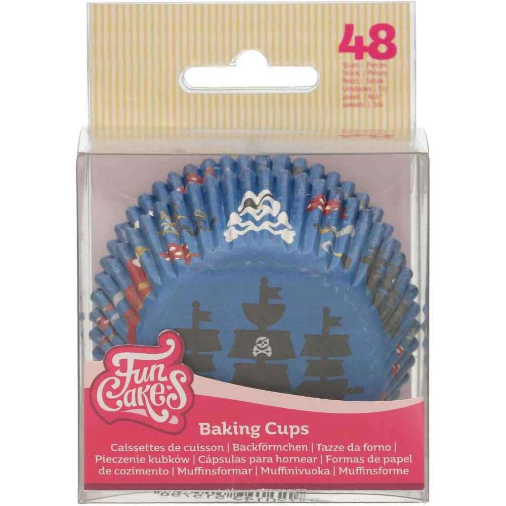 Lot de 48 caissettes bleues avec motifs bateau pirate et tête de mort.