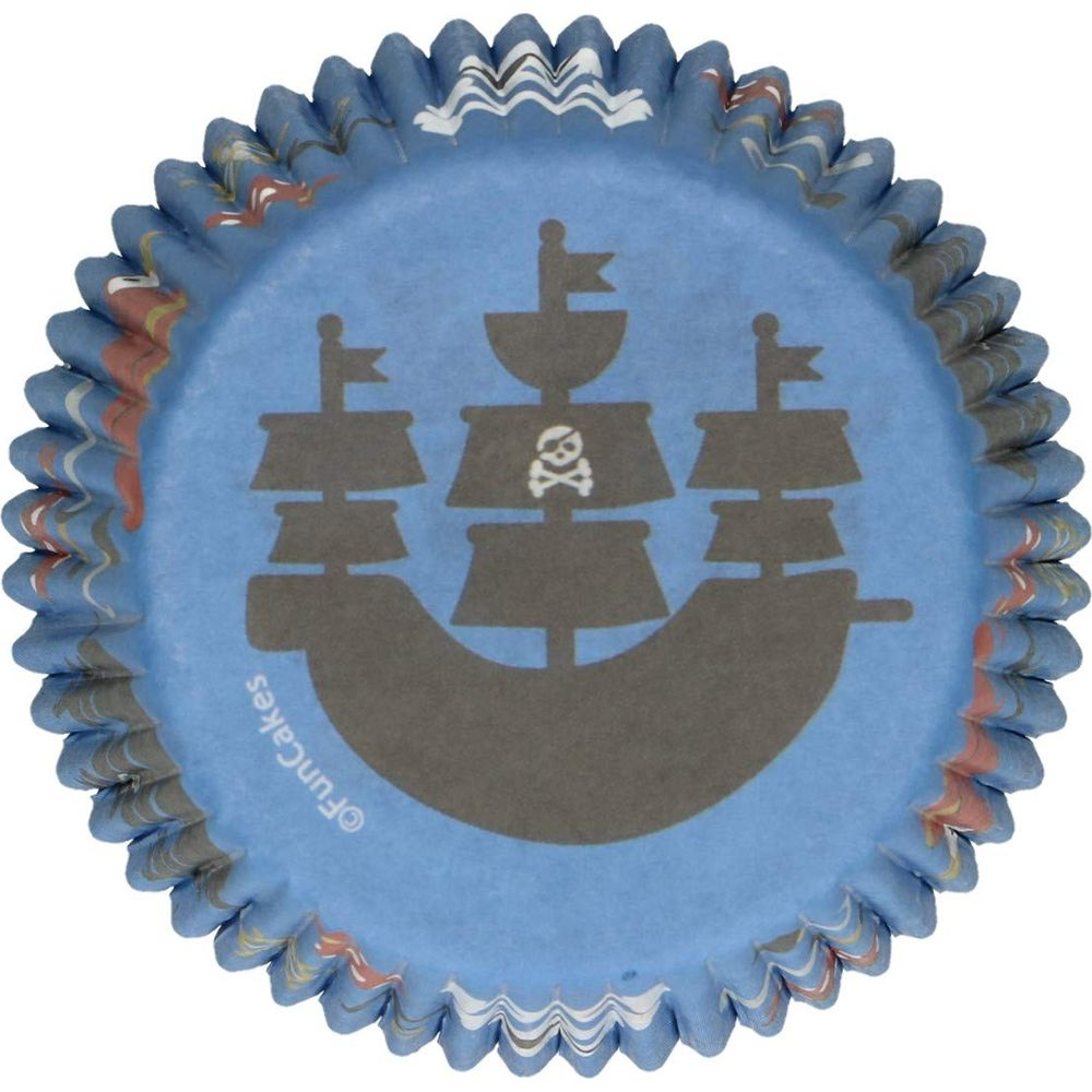 Caissette à cupcake bleue avec un bateau pirate et un crâne.