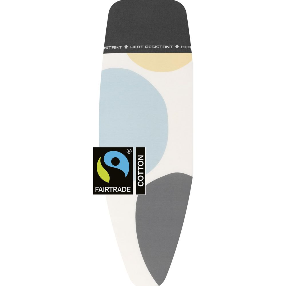 Bügeleisenabdeckung mit Fairtrade-Logo und abstraktem Muster in Grau, Blau und Gelb.