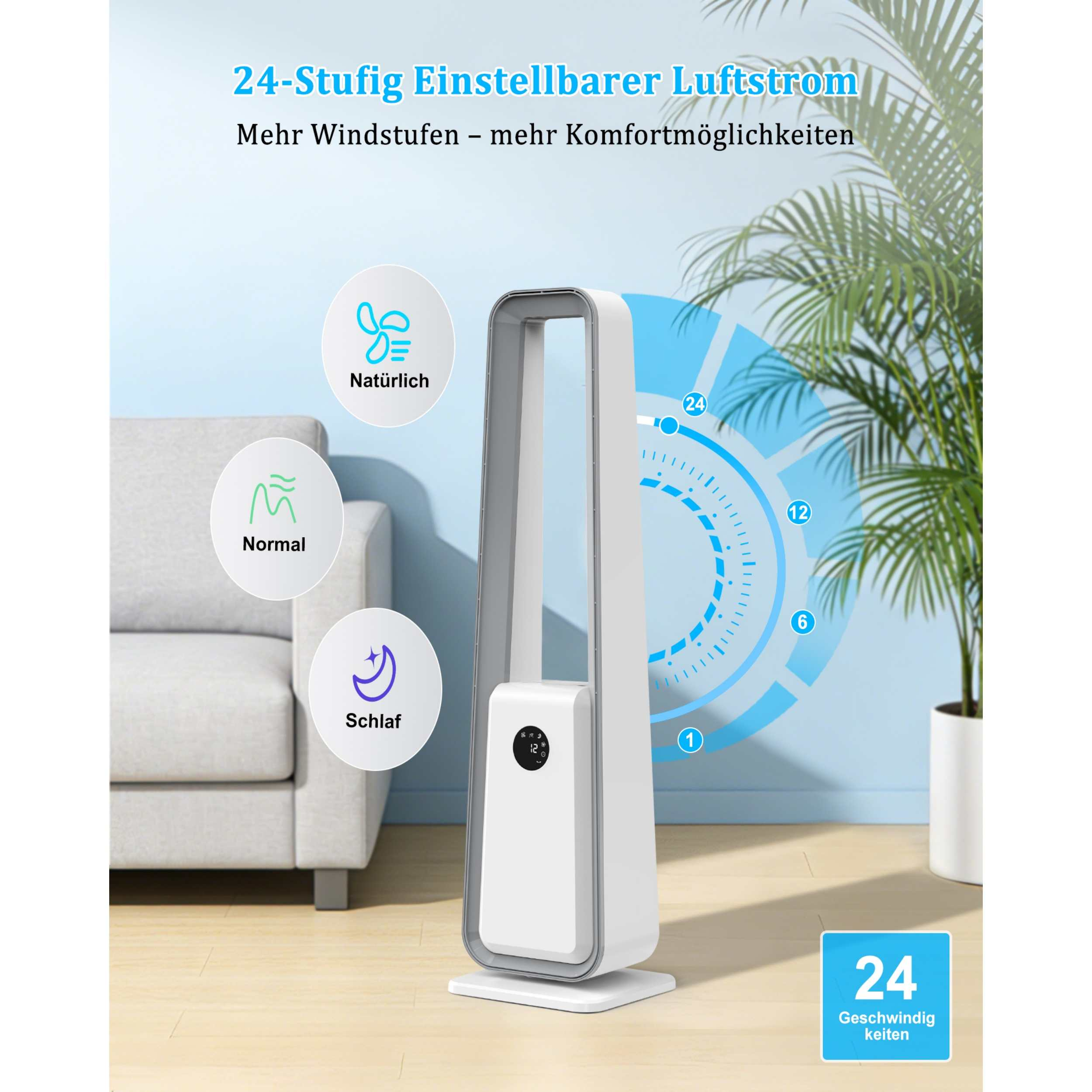 Ein weißer Turmventilator mit 24 Stufen steht neben einem Sofa und einer Pflanze.