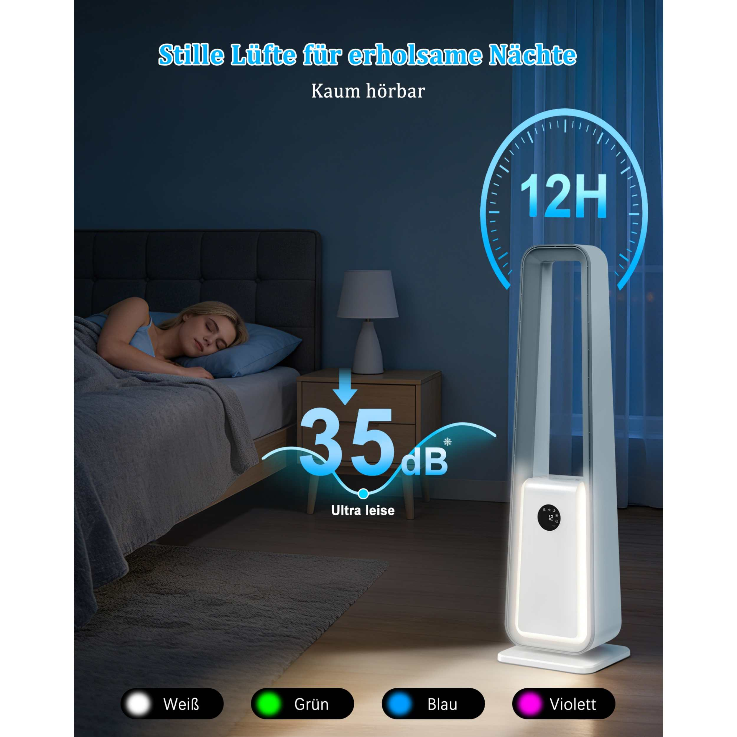 Ein Turmventilator steht neben einem Bett, auf dem eine Frau schläft. Text zeigt 35dB & 12H.