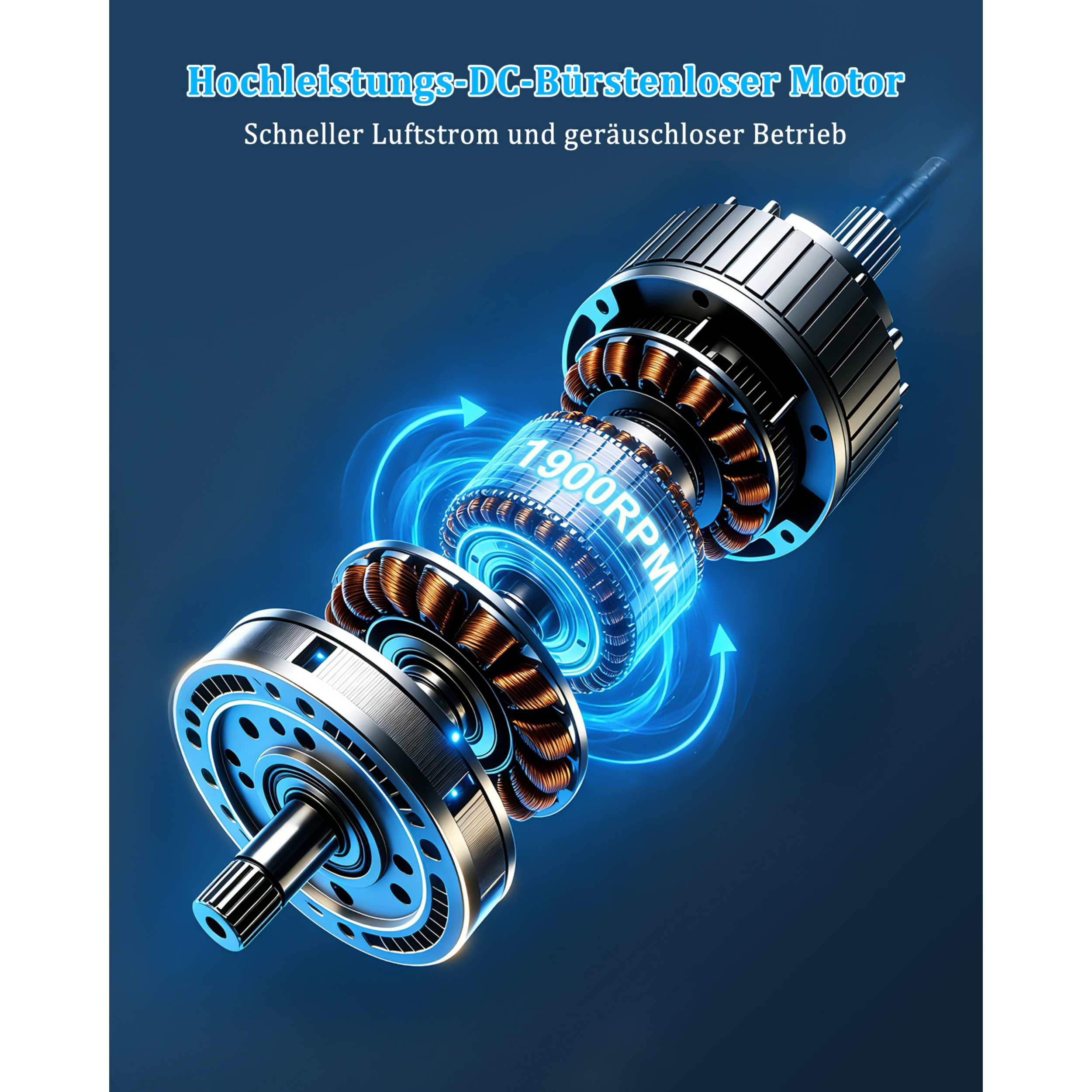 Ein Hochleistungs-DC-Bürstenmotor mit 1900 U/min und blauen Luftstromanzeigen.