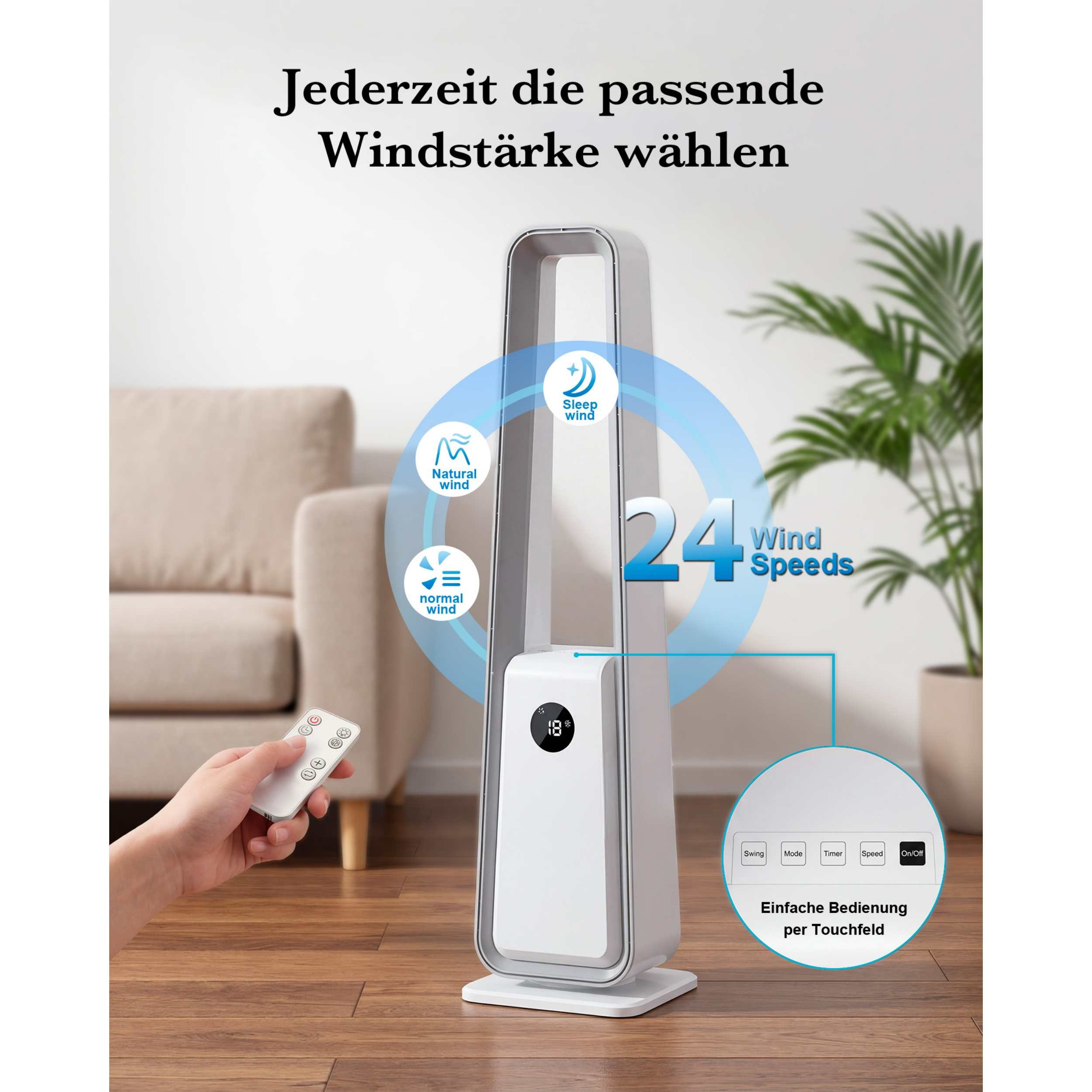 Ein weißer Turmventilator mit Fernbedienung, 24 Windgeschwindigkeiten.