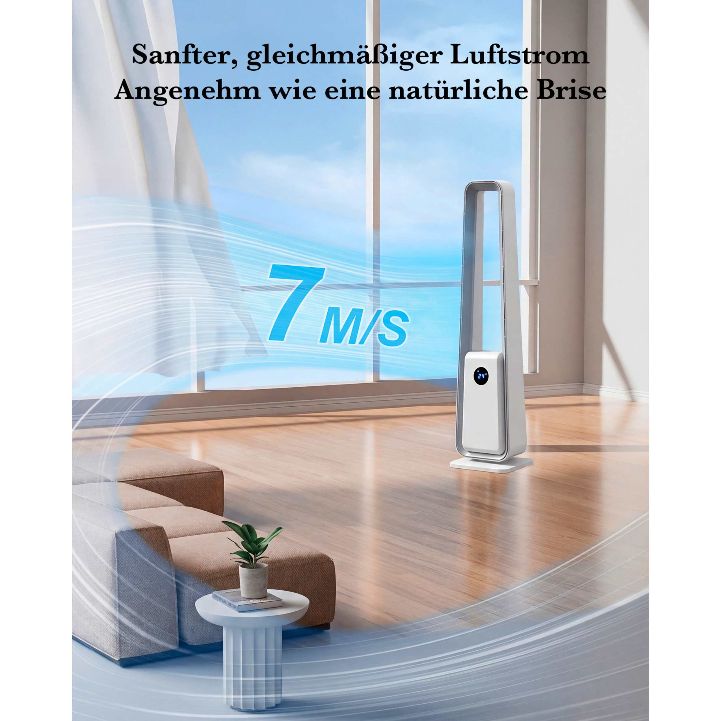 Ein weißer Turmventilator steht in einem stilvollen Wohnzimmer.