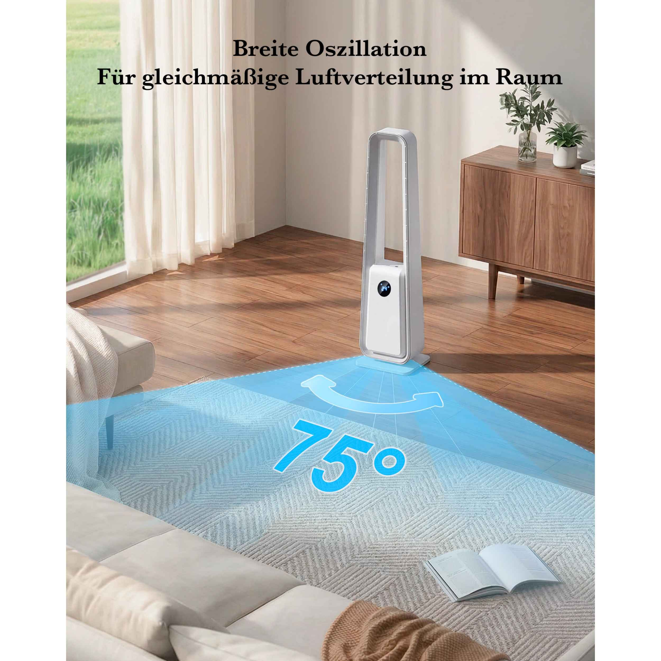 Ein weißer Turmventilator verteilt Luft in einem 75°-Winkel in einem Wohnzimmer.