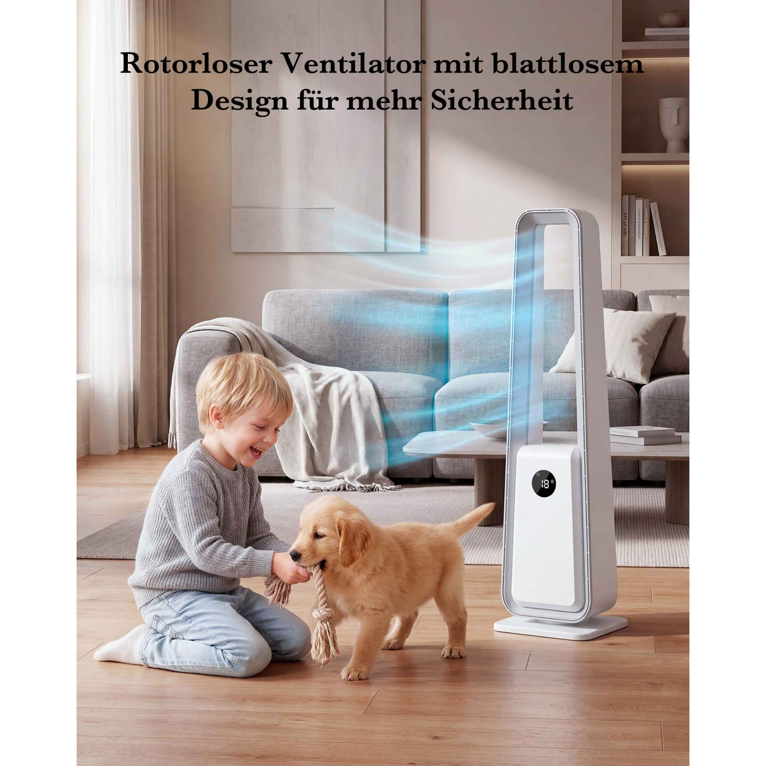 Ein kleiner Junge und ein Welpe spielen mit einem Seil vor einem Ventilator im Wohnzimmer.