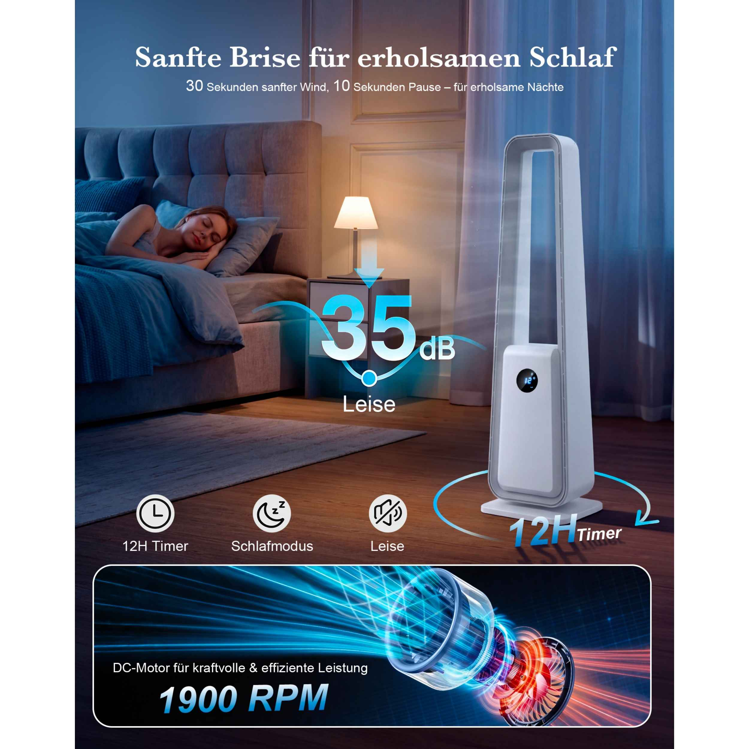 Ein Turmventilator neben einem Bett mit schlafender Person. Lautstärke 35dB.