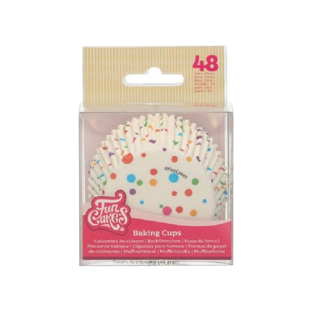 Verpackung mit 48 bunten Muffinförmchen mit Punkten.