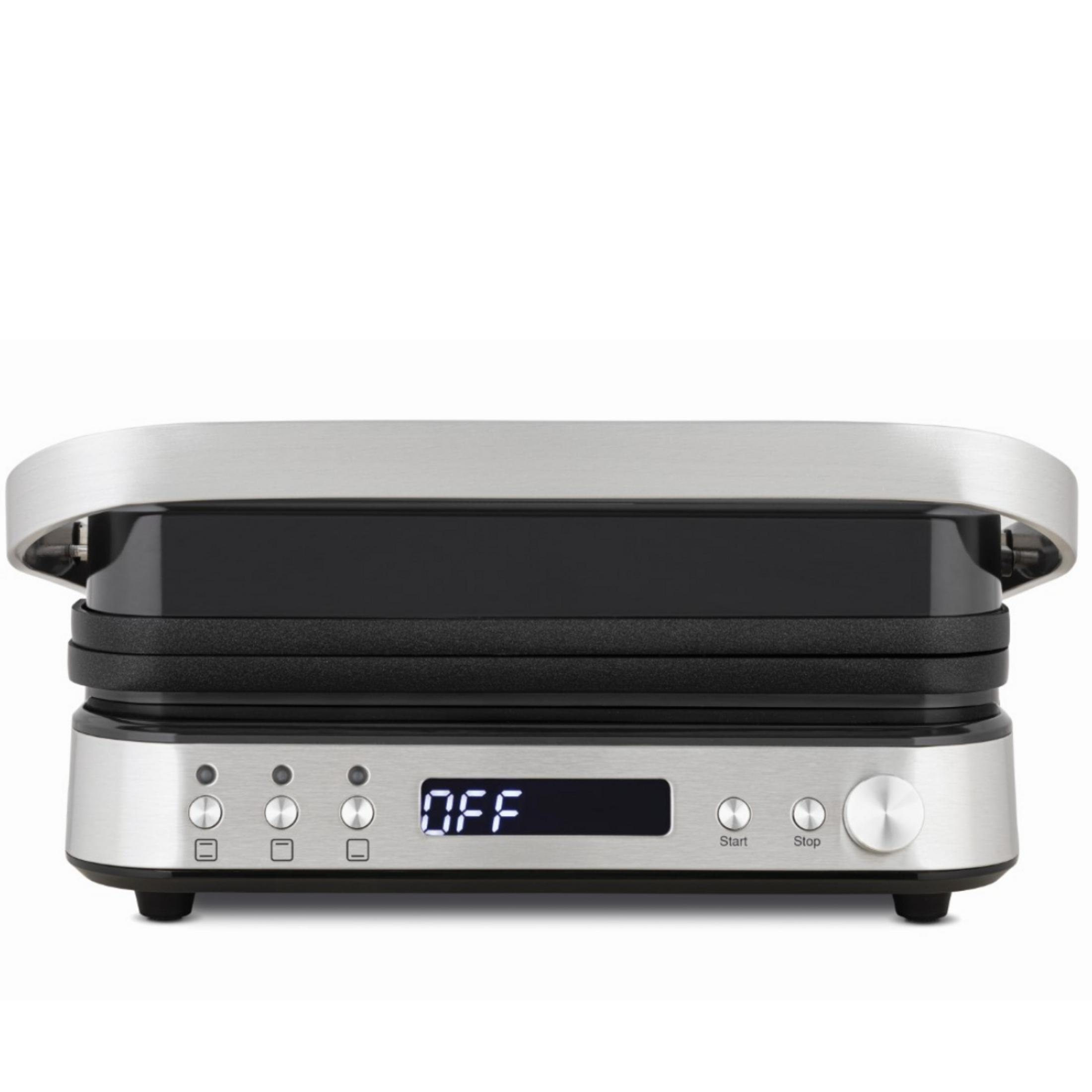 Gümüş ve siyah, üzerinde "OFF" yazan dijital ekranlı bir kontakt grill.