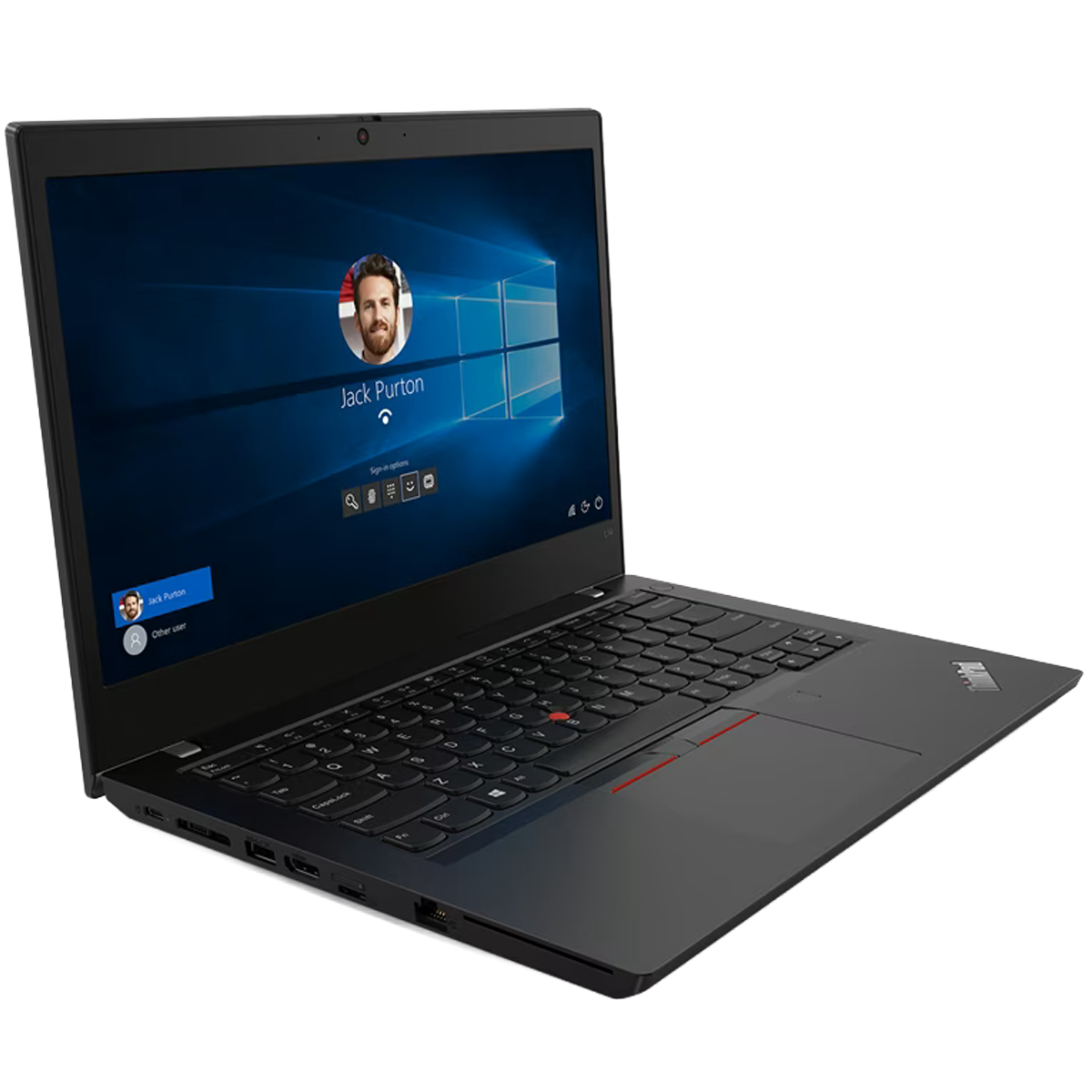 Un laptop nero che mostra la schermata di accesso di Windows con l'immagine del profilo di Jack Purton.