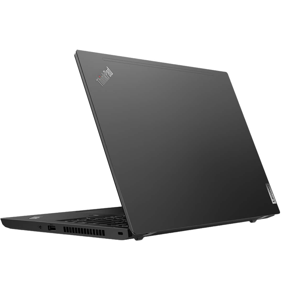 Laptop nero con coperchio aperto, loghi ThinkPad e Lenovo.